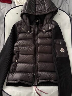 Moncler Dark Brown Quilted Puffer Jacket with Black Knit Sleeves